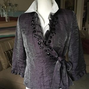 Feminine size 6 purple satin crossover belted jacket with beading